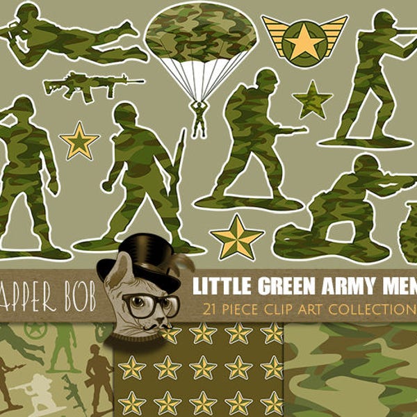 Pequeños juguetes de hombres del ejército verde Clip Art colección | Camuflaje combate juguete plástico gráfico y sistema de papel Digital