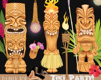 Tiki Totem Hawaiian Clip Art Collection | PNG Tikis Tropical Party Clipart Graphics and Patterned Paper Set