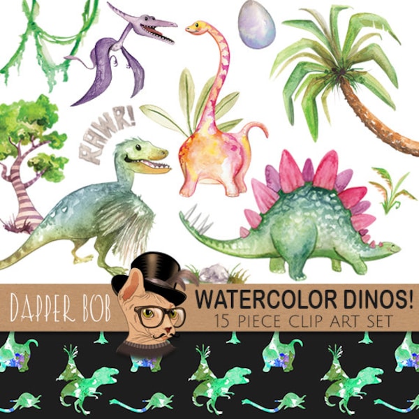 Watercolor Hand-Painted Dinosaurs Clip Art Collection | Dinosaur PNG Clipart and Digital Paper Set