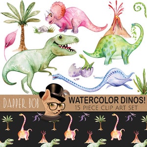 Watercolor Hand-Painted Dinosaurs Clip Art Collection Dinosaur T-Rex PNG Clipart and Digital Paper Set image 1