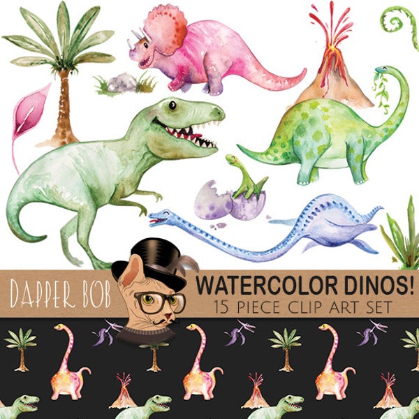 Watercolor Hand-Painted Dinosaurs Clip Art Collection | Dinosaur T-Rex PNG Clipart and Digital Paper Set