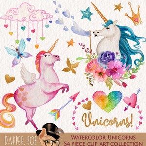 Watercolor Unicorns Hand Painted PNG Clip Art Elements Collection Glitter Unicorn Clipart Set image 1