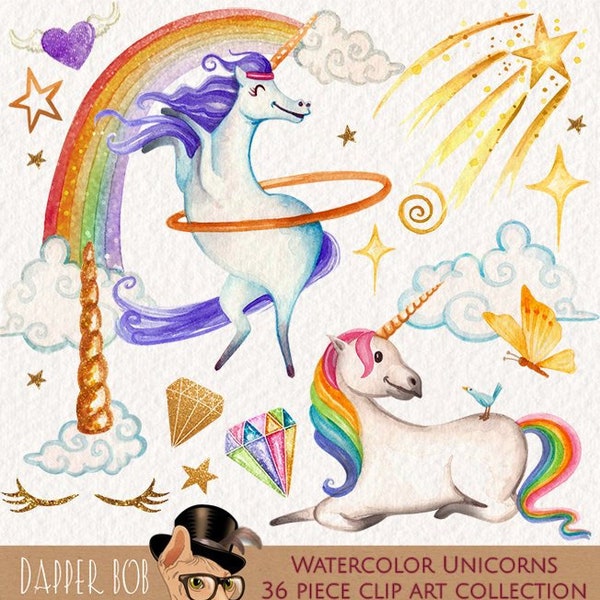 Watercolor Unicorn Party Dancing Hula Hoop PNG Clipart Collection | Hand Painted Glitter Unicorn Clip Art Set