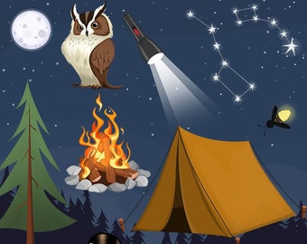 Camping Under the Stars Clip Art Collection | Night Camp Fire Forest Digital PNG Clipart Set