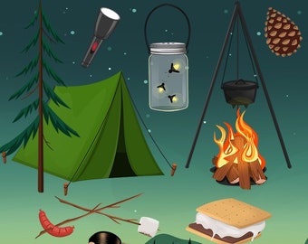 Camping Under the Stars with S'mores Clip Art Collection | Camp Fireflies Forest Digital PNG Clipart Set