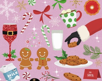 Christmas Santa Milk and Cookies Clip Art Collection | Holiday Gingerbread Man and Woman PNG Clipart Elements Set