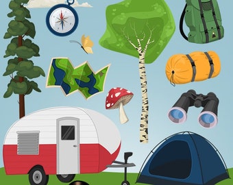 Camping Adventures Clip Art Collection | Camp Trailer and Tent Hiking PNG Clipart Set