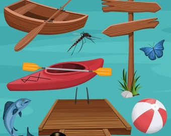 Summer Camp Lake Water Adventures Clip Art Collection | PNG Clipart Camping Boating Set with Dock Set