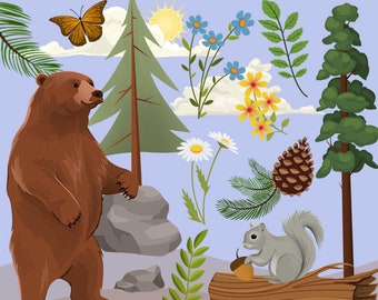 Summer Forest Bear and Squirrel Nature Clip Art Collection | Wildflowers Woodlands PNG Clipart Set