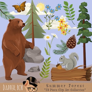 Summer Forest Bear and Squirrel Nature Clip Art Collection Wildflowers Woodlands PNG Clipart Set image 1