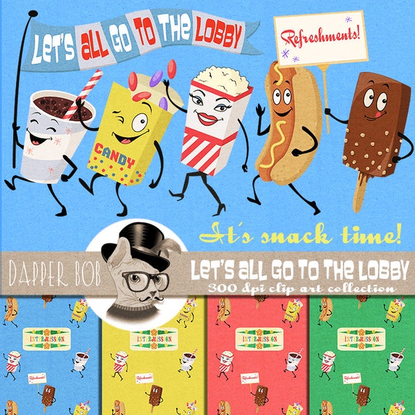 Let's all go to the Lobby Intermission Snack Food Characters Digital Clip Art and Paper Collection