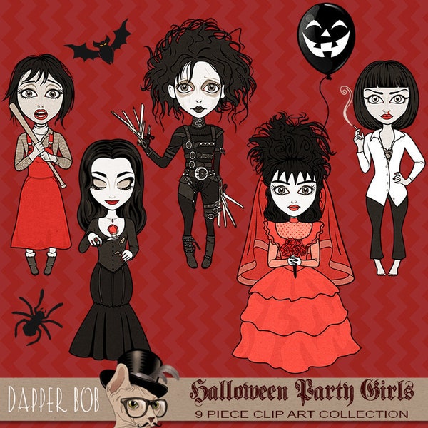 Halloween Party Girls Costumes Scary Movie Characters Clip Art Collection | PNG Clipart Horror Ladies Illustration Elements