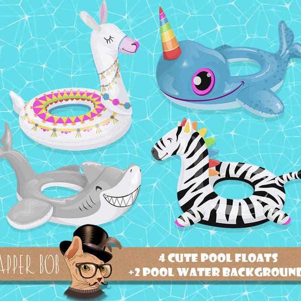 Swimming Pool Float Collection | PNG digital Llama, Narwhal, Shark and Zebra Clipart Floats