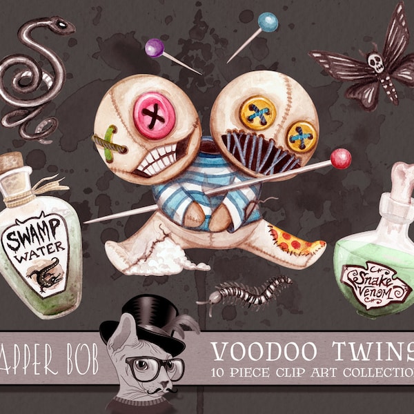 Watercolor Voodoo Twins Halloween Magic Clip Art Collection | Hand Painted Spooky Doll Clipart Set