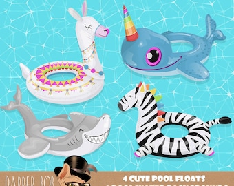 Swimming Pool Float Collection | PNG digital Llama, Narwhal, Shark and Zebra Clipart Floats