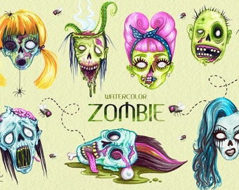 Watercolor Pop Art Style Zombie Heads  PNG Clip Art Collection