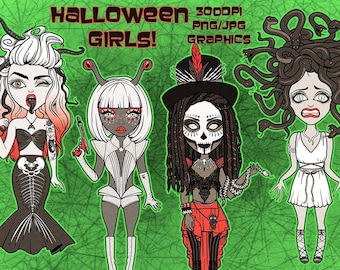 Halloween Party Costume Girls - Medusa, Scary Mermaid, Alien, Voodoo Queen | PNG Clip Art Collection