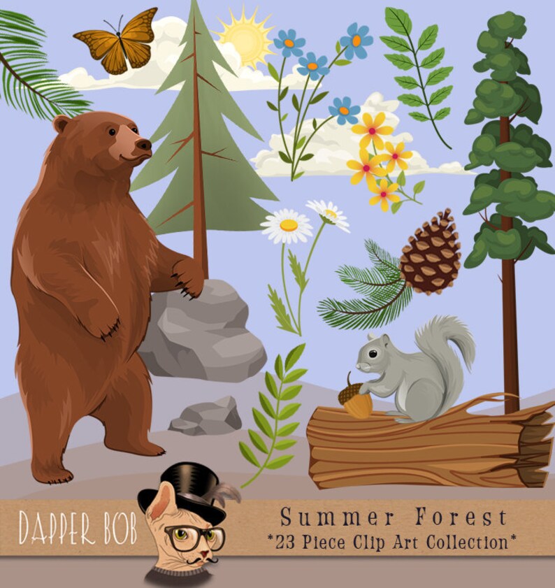 Summer Forest Bear and Squirrel Nature Clip Art Collection Wildflowers Woodlands PNG Clipart Set image 1