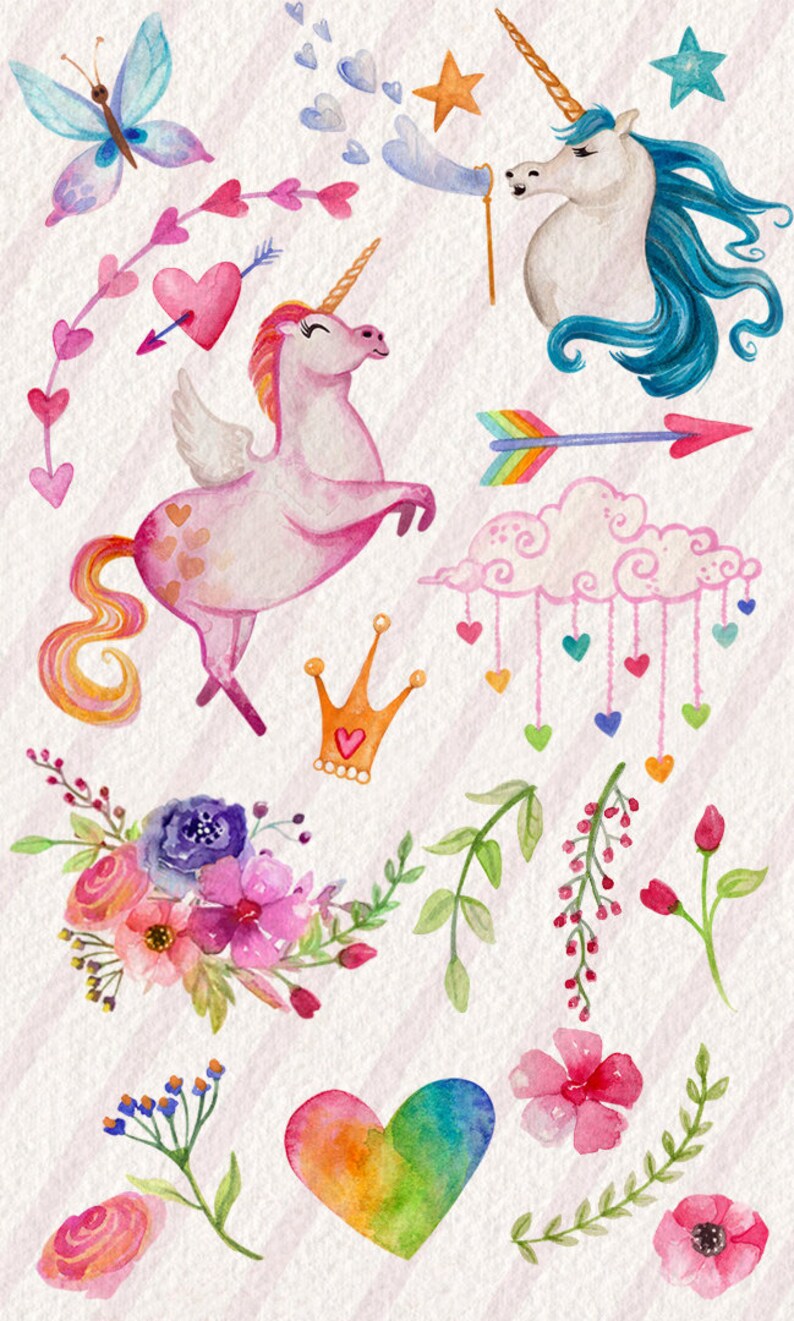 Watercolor Unicorns Hand Painted PNG Clip Art Elements Collection Glitter Unicorn Clipart Set image 2