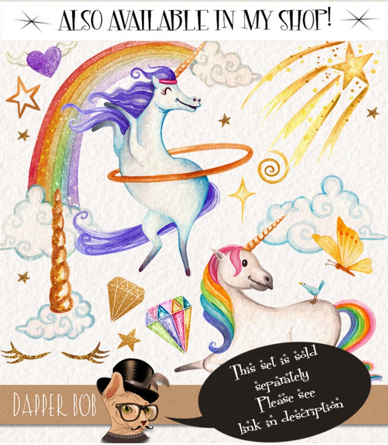 Watercolor Unicorns Hand Painted PNG Clip Art Elements Collection Glitter Unicorn Clipart Set image 4