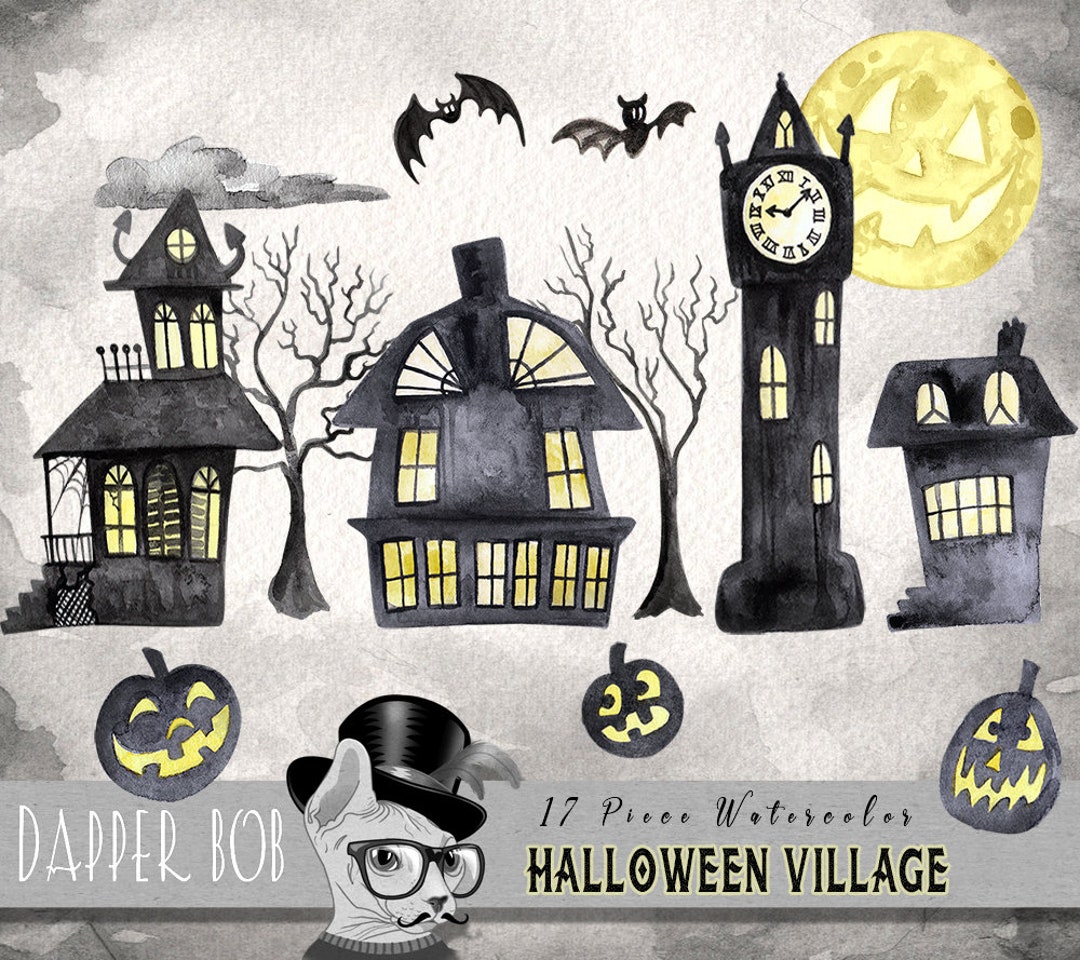 17 Piece Spooky Town Clipart Illustrated PNG Elements Set Watercolor ...