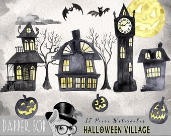 17 Piece Spooky Town Clipart Illustrated PNG Elements Set | Watercolor Halloween Village Clip Art Collection