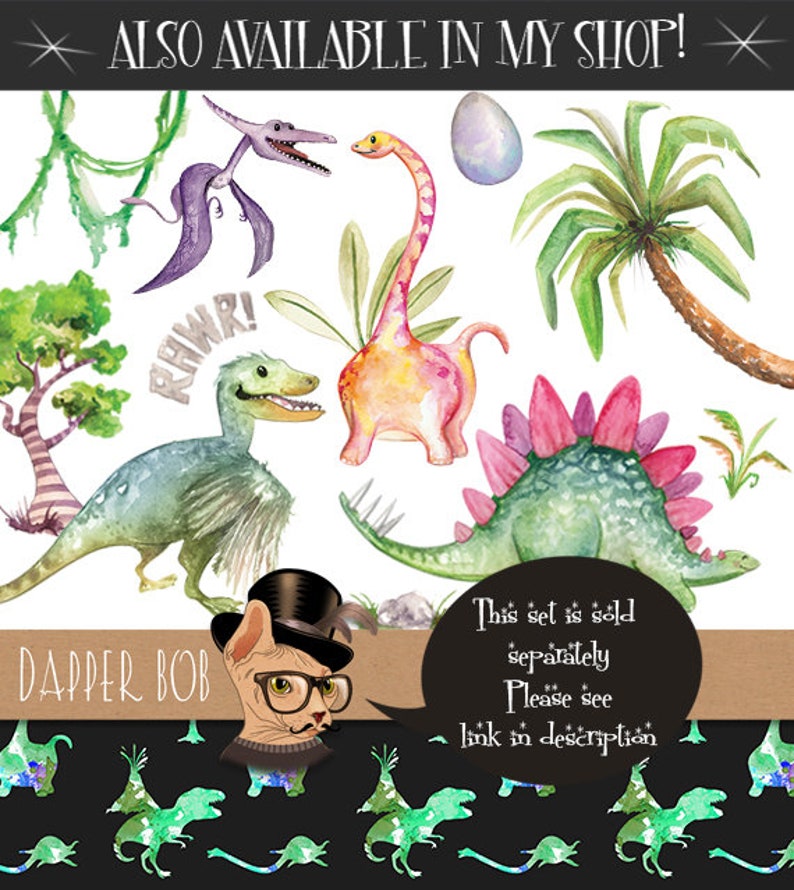 Watercolor Hand-Painted Dinosaurs Clip Art Collection Dinosaur T-Rex PNG Clipart and Digital Paper Set image 5