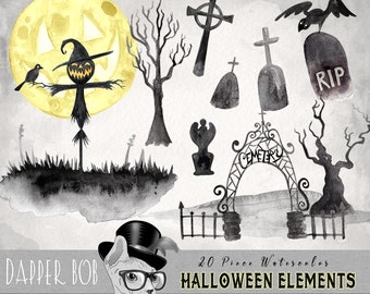 20 Piece Watercolor Halloween PNG Clip Art Elements Collection