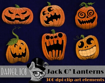 Set of Halloween Jack O' Lantern Pumpkins Digital Clip Art Elements for Scrap-booking and Paper Craft