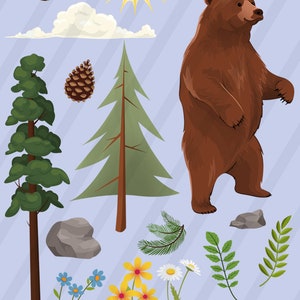 Summer Forest Bear and Squirrel Nature Clip Art Collection Wildflowers Woodlands PNG Clipart Set image 3