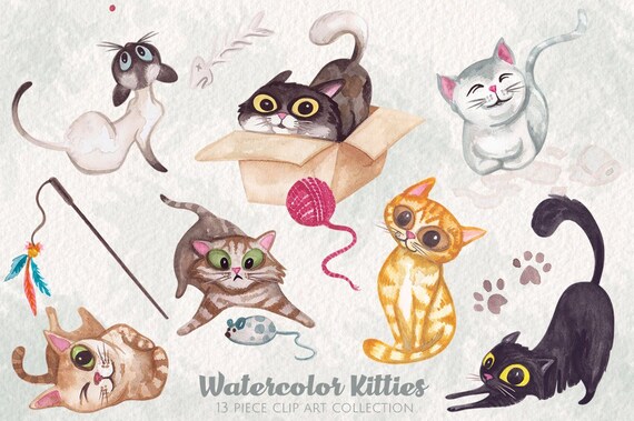 Download Watercolor Kitty Cats Clip Art Collection Hand Painted New Etsy