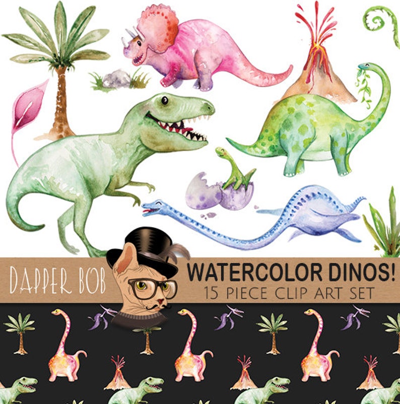 Watercolor Hand-Painted Dinosaurs Clip Art Collection Dinosaur T-Rex PNG Clipart and Digital Paper Set image 1