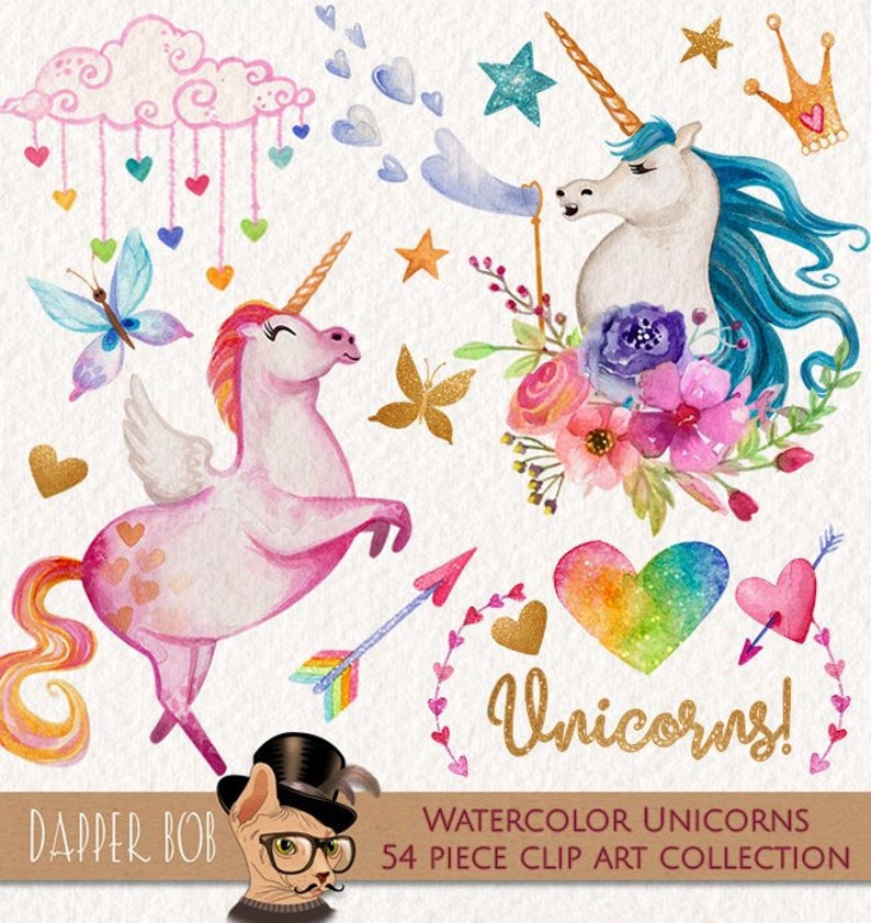 Watercolor Unicorns Hand Painted PNG Clip Art Elements Collection Glitter Unicorn Clipart Set image 1