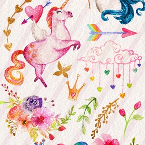 Watercolor Unicorns Hand Painted PNG Clip Art Elements Collection Glitter Unicorn Clipart Set image 3