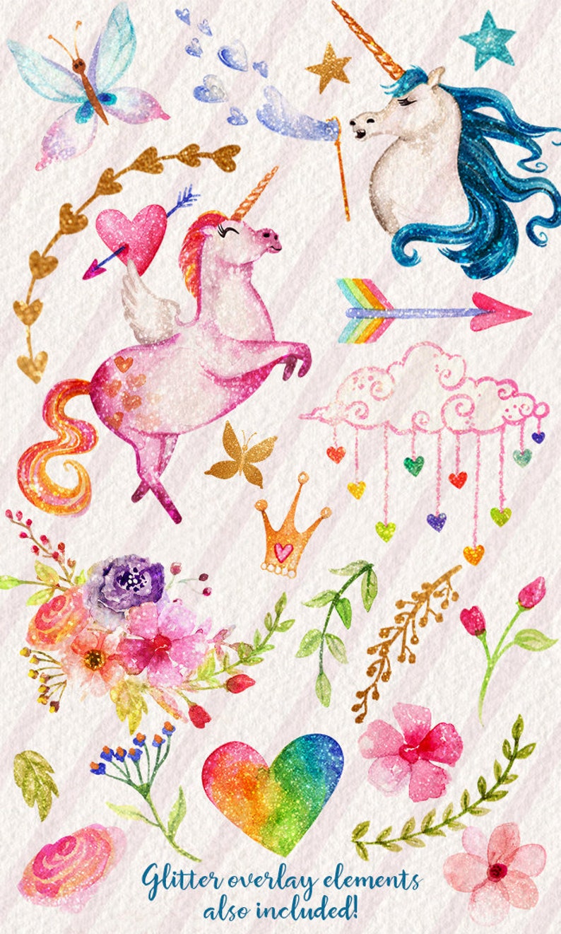 Watercolor Unicorns Hand Painted PNG Clip Art Elements Collection Glitter Unicorn Clipart Set image 3