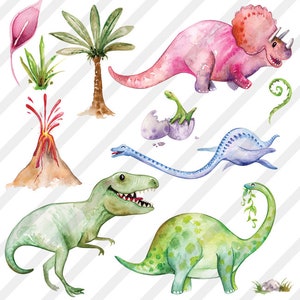 Watercolor Hand-Painted Dinosaurs Clip Art Collection Dinosaur T-Rex PNG Clipart and Digital Paper Set image 2