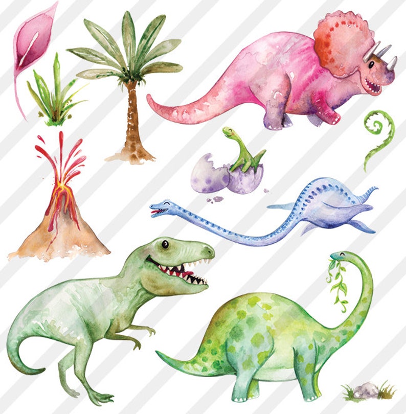 Watercolor Hand-Painted Dinosaurs Clip Art Collection Dinosaur T-Rex PNG Clipart and Digital Paper Set image 2