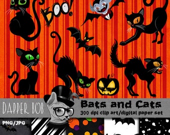 Cute Halloween Bats and Black Cats PNG Digital Clip Art Elements for Scrap-booking and Paper Craft