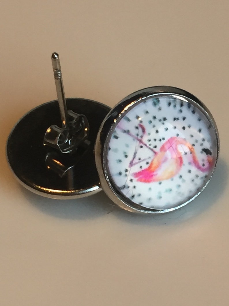 cabochon glass girls curls animal earrings Pink flamingo earrings pink flamingo stud gift