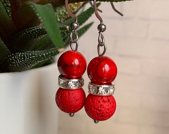 Red lava stone earrings on red marble ball hook silver metal alloy jewelry aromatherapy oil diffuser