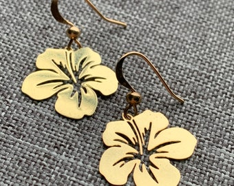 Hibiscus Flower Charm Earrings Gold Metal Alloy