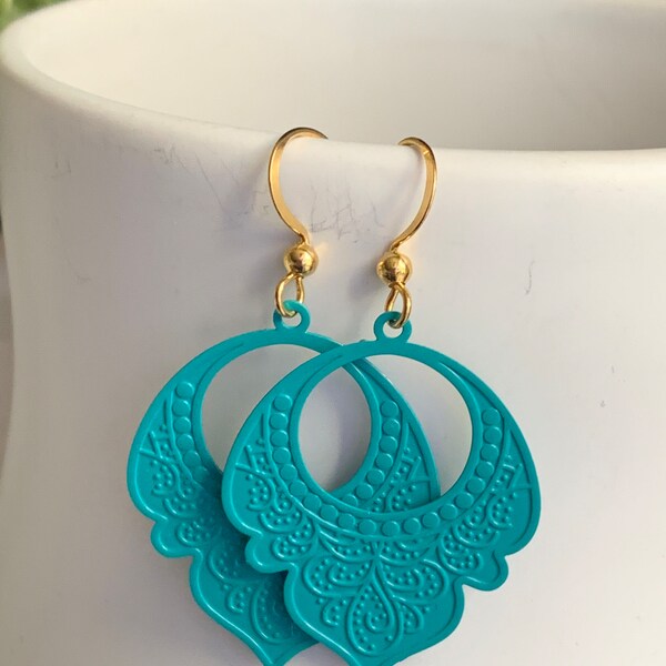 Turquoise lace drop charm earrings on gold metal alloy hook