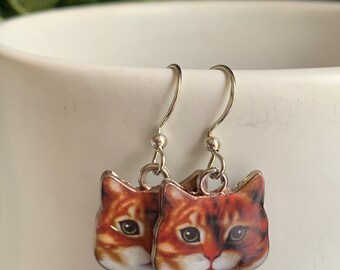 Boucles d’oreilles breloque tête de chat roux sur crochet alliage de métaux argent