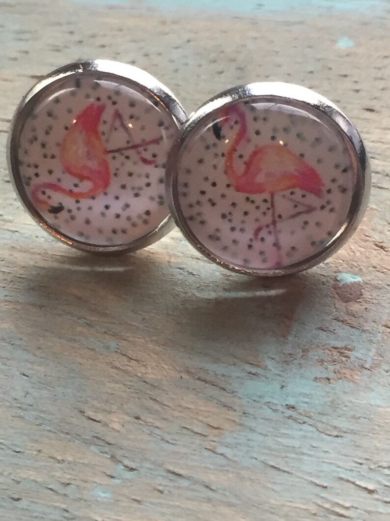 cabochon glass girls curls animal earrings Pink flamingo earrings pink flamingo stud gift