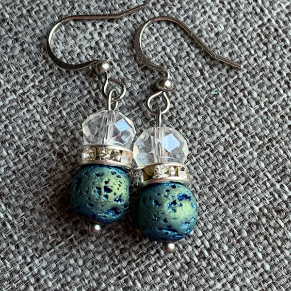 Boucles d’oreilles bille transparente et pierre de lave turquoise bleue canard bijoux diffuseur aromathérapie