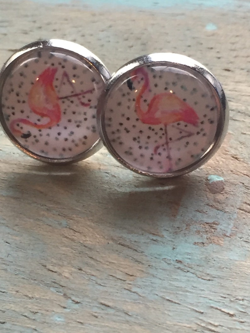 cabochon glass girls curls animal earrings Pink flamingo earrings pink flamingo stud gift