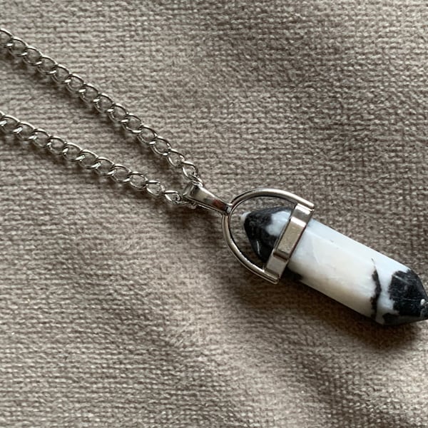 Pendulum necklace black and white stone charm mystical pendulum on silver metal alloy chain