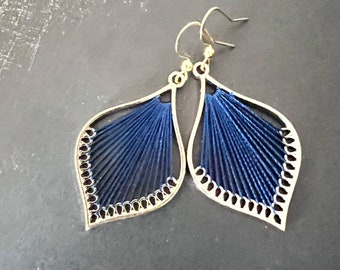 Dark blue woven gold metal alloy drop charm earrings