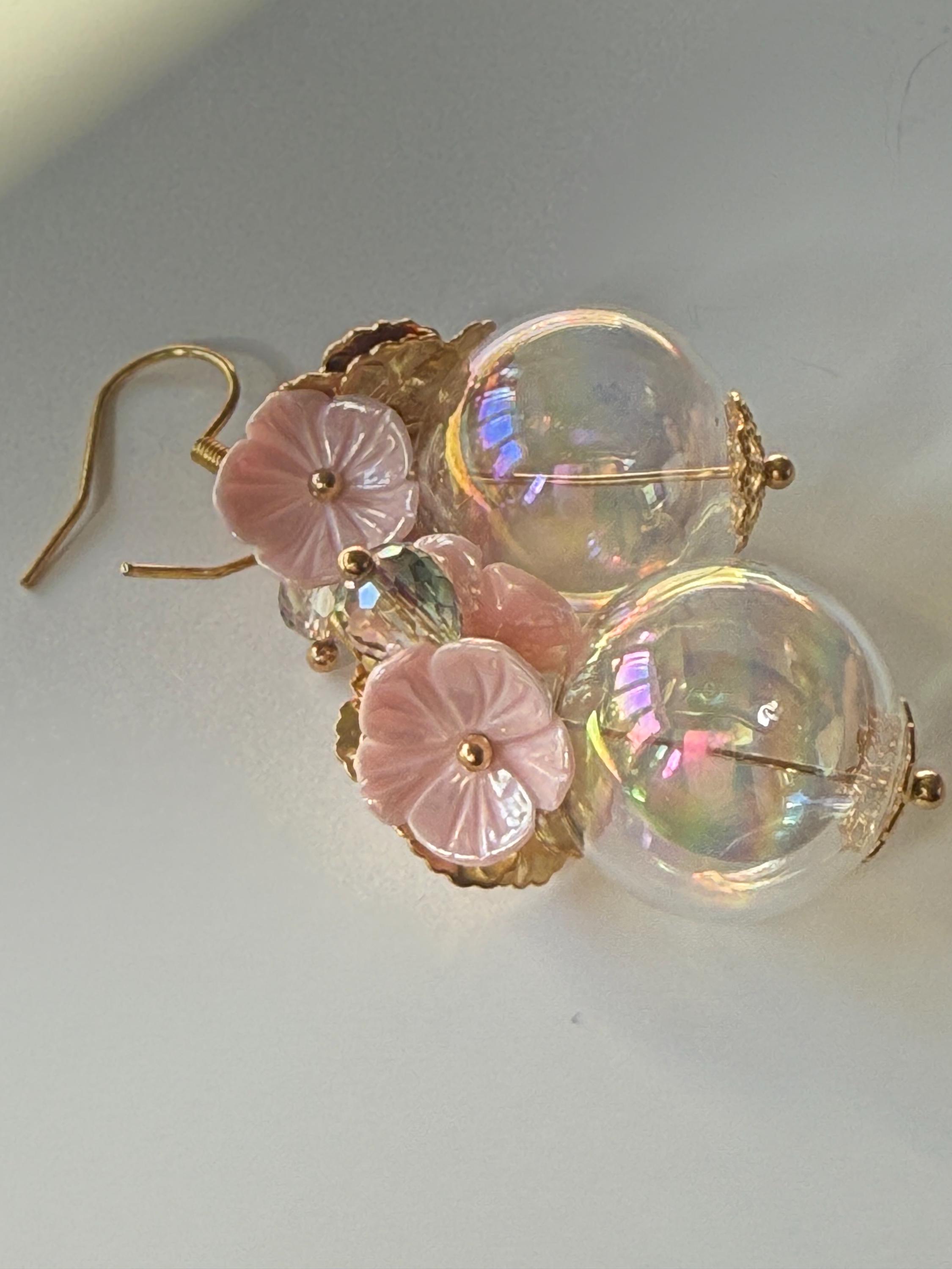 bubble and pink flower charm earring