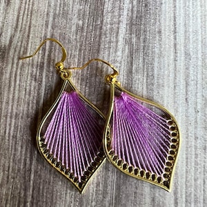 Gold drop charm earrings woven with purple thread